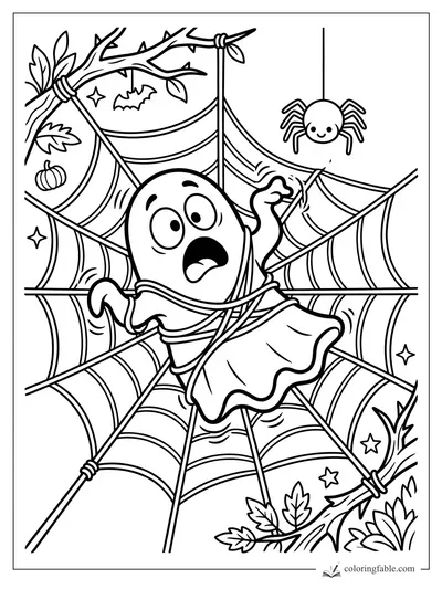 Cartoon ghost tangled in a spiderweb with a smiling spider, bare branches, bat, pumpkin, leaves, and stars