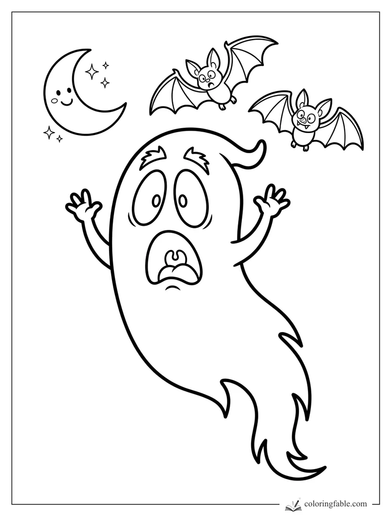 Cartoon ghost gasps under a smiling crescent moon as two bats fly overhead.
