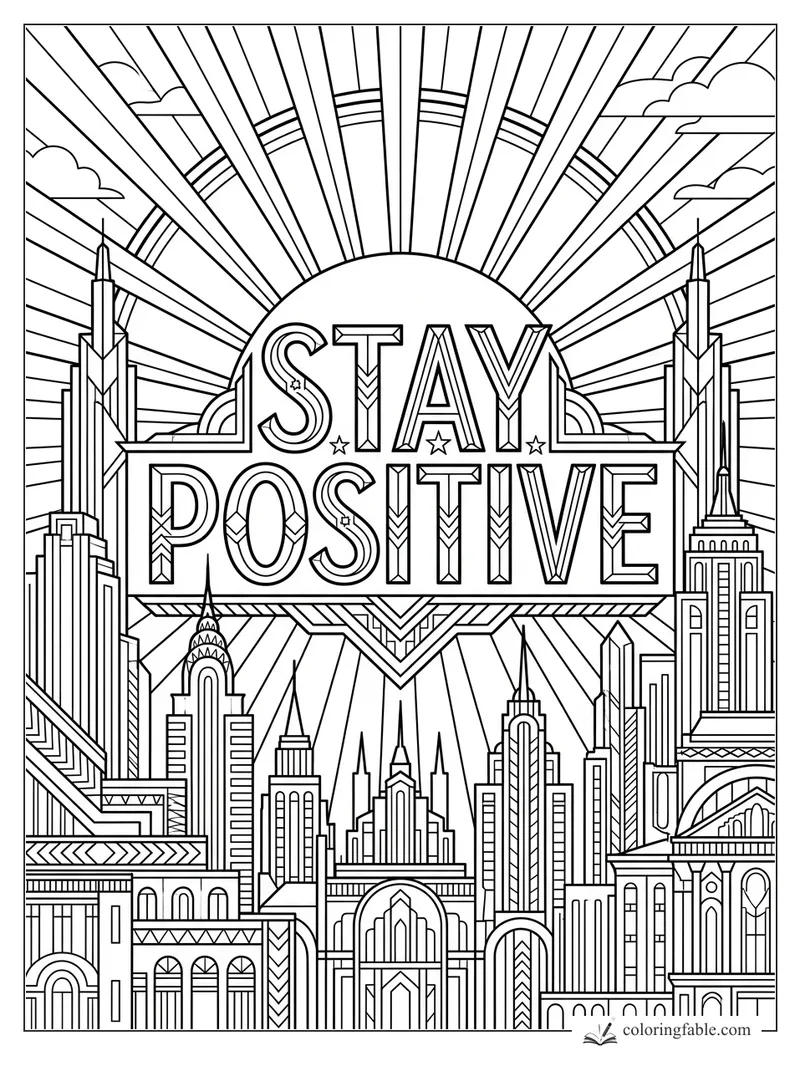 Art deco coloring page with “Stay Positive” lettering, sunburst rays, clouds, and a geometric city skyline.