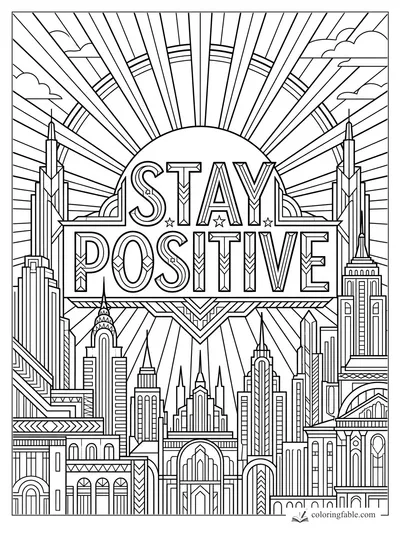 Art deco coloring page with “Stay Positive” lettering, sunburst rays, clouds, and a geometric city skyline.