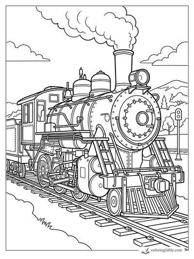 Realistic steam train on tracks with cowcatcher, headlamp, bell, signal post, hills, and smoke plume