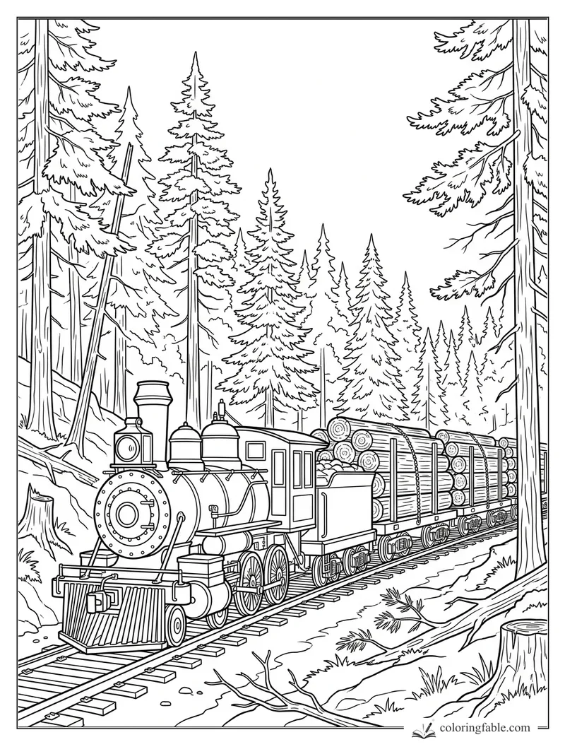 Realistic steam logging train hauling stacked timber through a tall pine forest