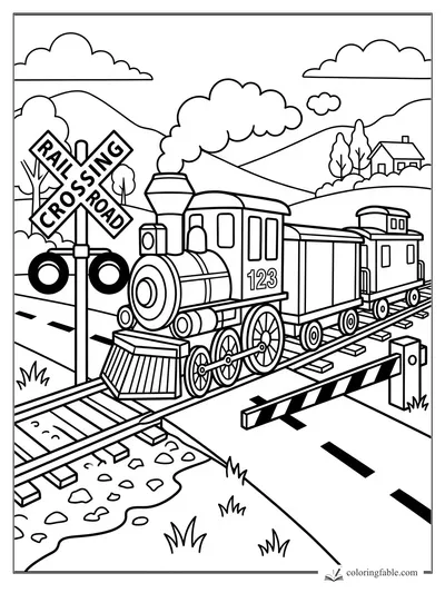 Easy coloring page of steam train 123 passing a railroad crossing sign and striped gate.
