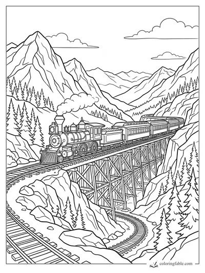 Steam train crossing a tall wooden trestle through pine-covered mountains