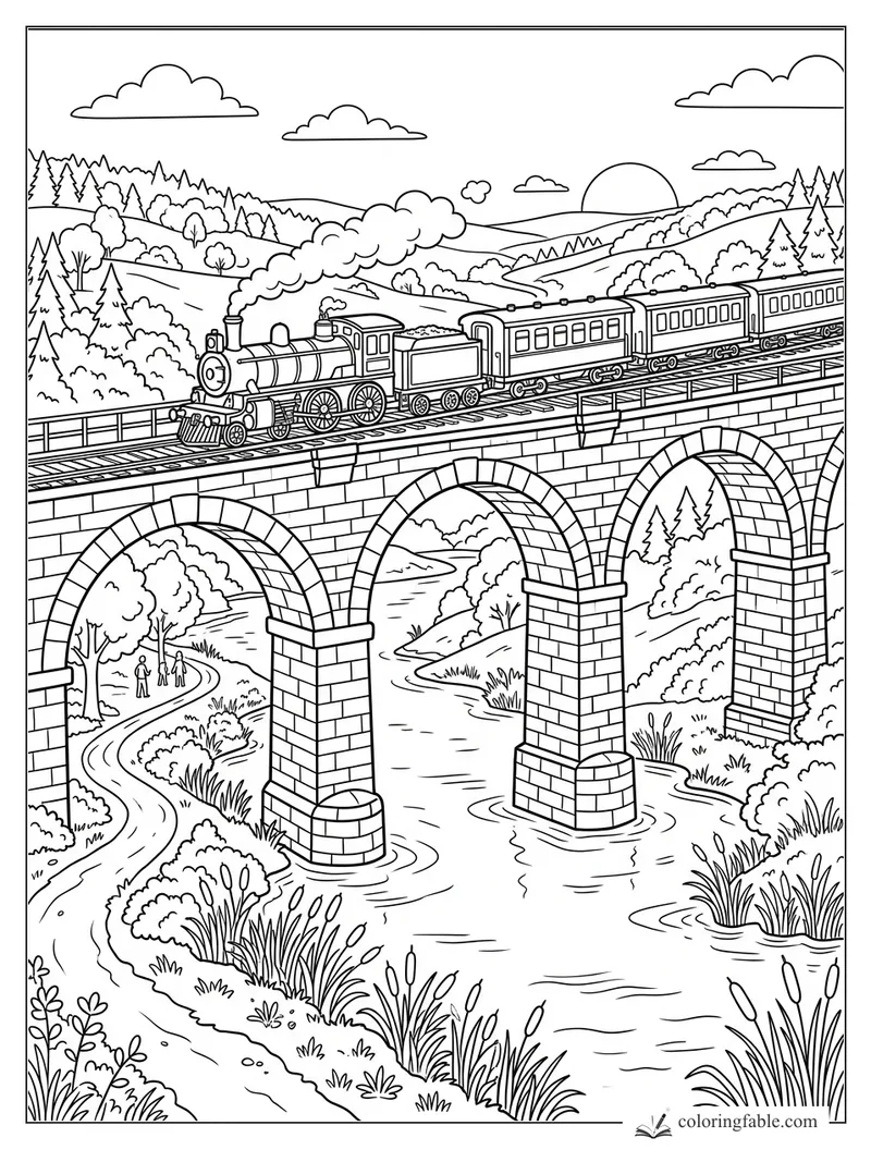 Steam train pulling passenger cars over a stone viaduct above a winding river and forest hills