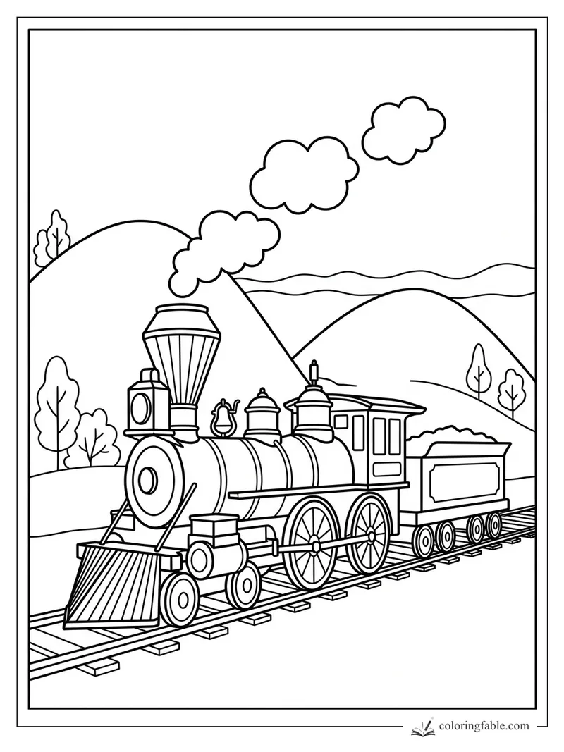 Steam train with coal car on tracks, smoke clouds, trees, and rolling hills coloring page