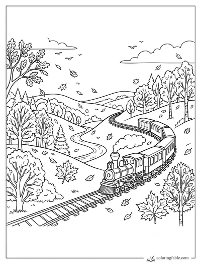 Steam train curving through autumn hills with falling leaves, trees, clouds, and birds