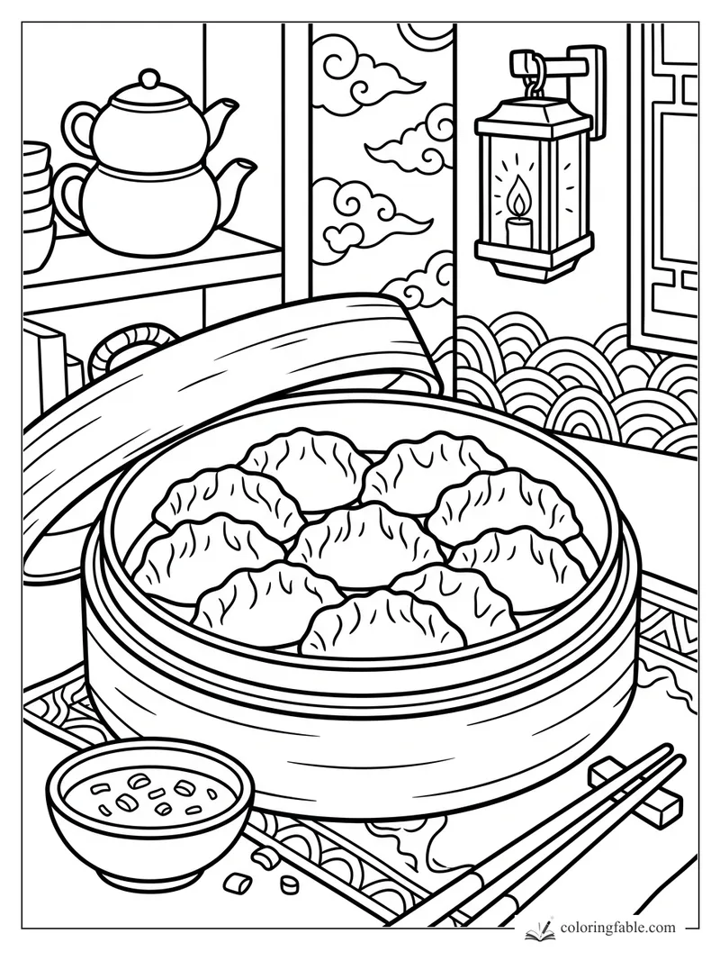 Cartoon bamboo steamer filled with dumplings beside tea, chopsticks, sauce bowl, clouds, and lantern