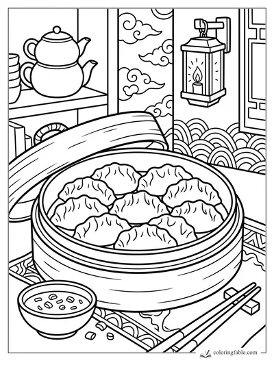 Cartoon bamboo steamer filled with dumplings beside tea, chopsticks, sauce bowl, clouds, and lantern