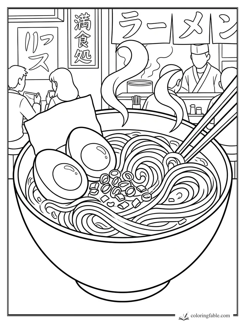 Manga ramen bowl with eggs, noodles, chopsticks, steam, chef, and Japanese shop signs