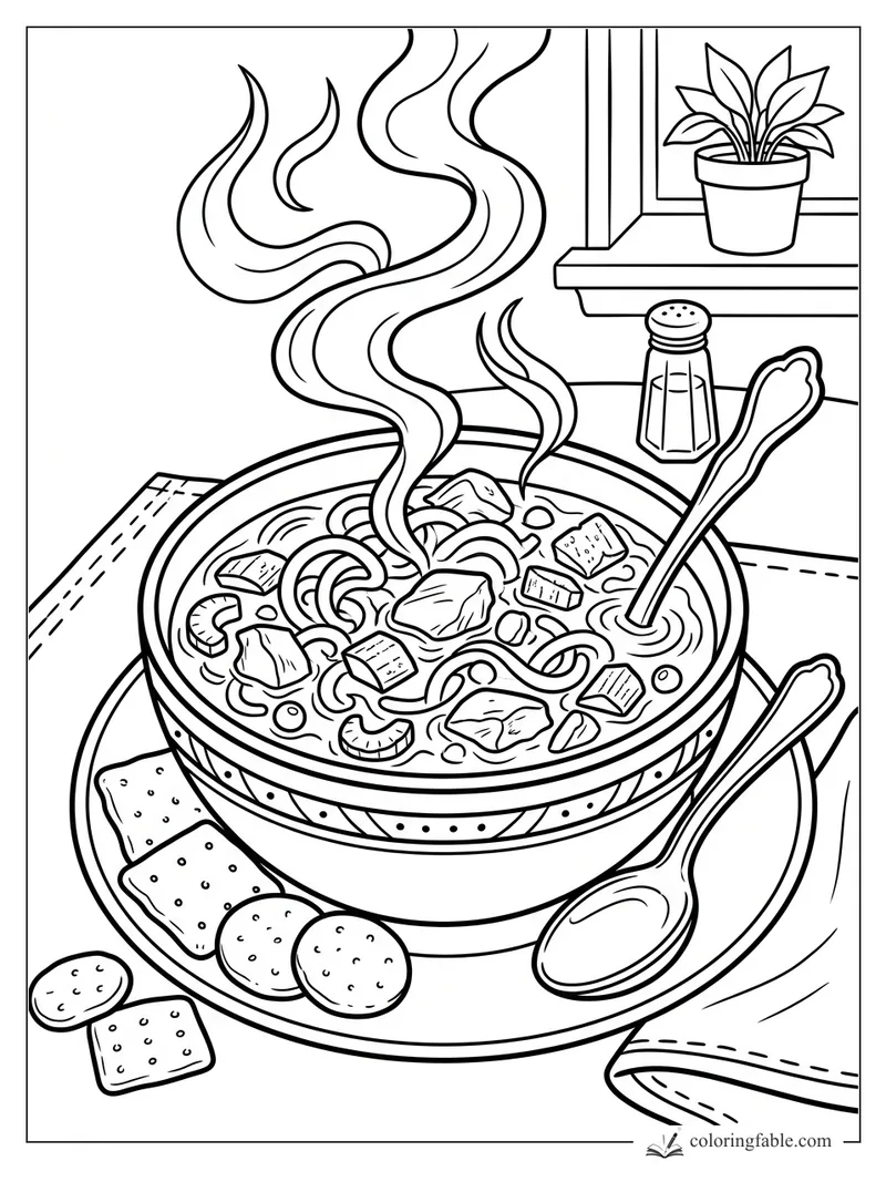 Steaming soup bowl with crackers, spoons, salt shaker, napkin, and potted plant by a window