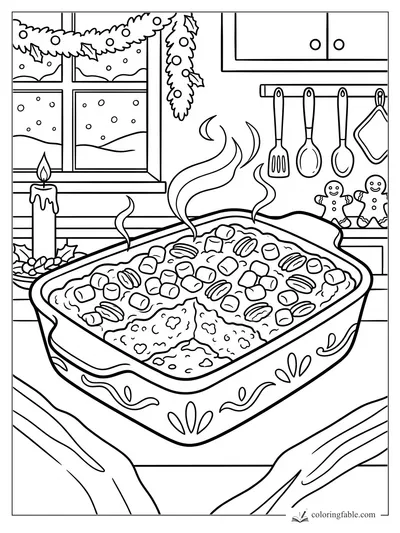 Thanksgiving sweet potato casserole with marshmallows, pecans, candle, garland, and snowy kitchen window