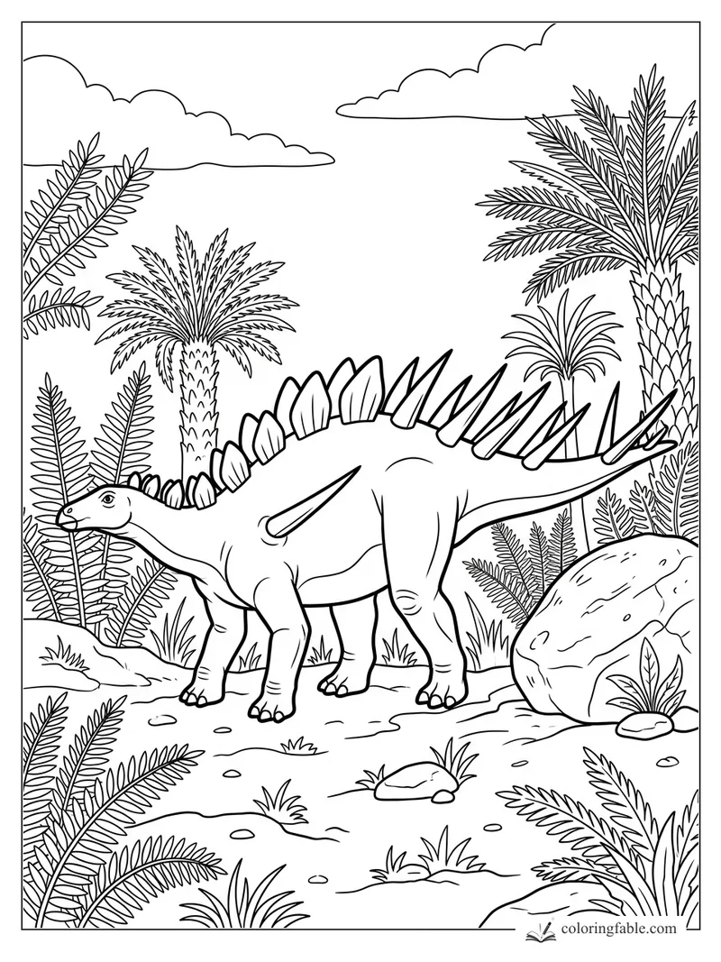 Stegosaurus coloring page with tall back plates, palm trees, ferns, rocks, and clouds