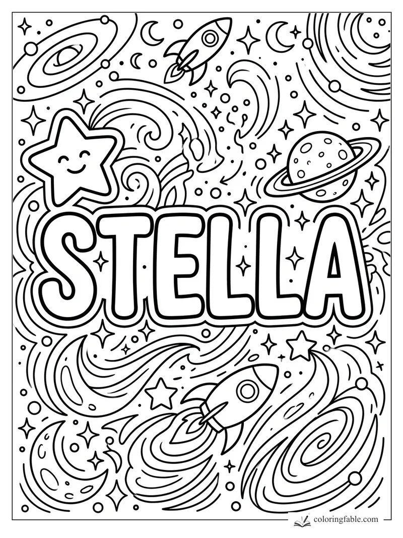 Stella name coloring page with rockets, smiling star, moons, planets, comets, and swirling galaxies