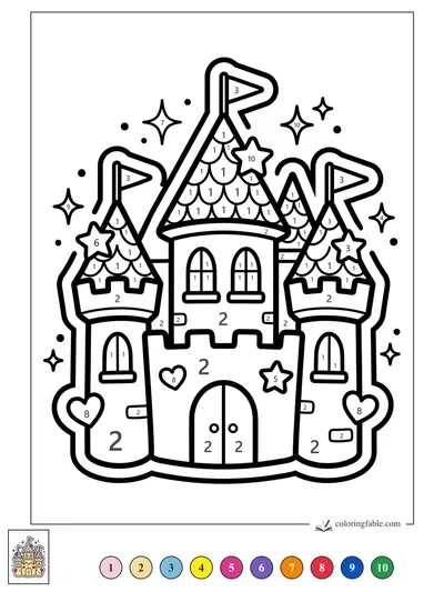 Sticker Castle with Star Flags and Heart Towers — color by number