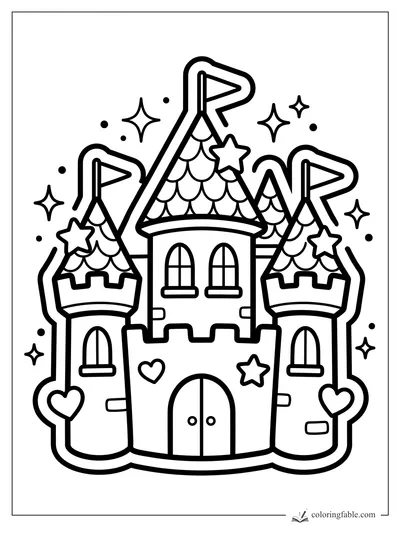 Sticker-style castle coloring page with three towers, flags, stars, hearts, arched windows, and a double door.