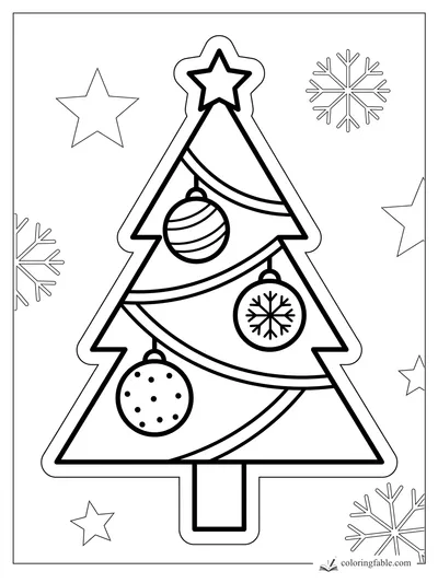 Sticker-style Christmas tree coloring page with star topper, garlands, ornaments, stars, and snowflakes.