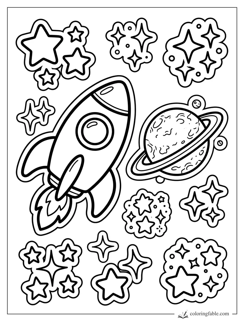 Easy space sticker coloring page with a rocket, ringed planet, moons, and chunky star clusters.