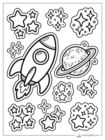 Easy space sticker coloring page with a rocket, ringed planet, moons, and chunky star clusters.