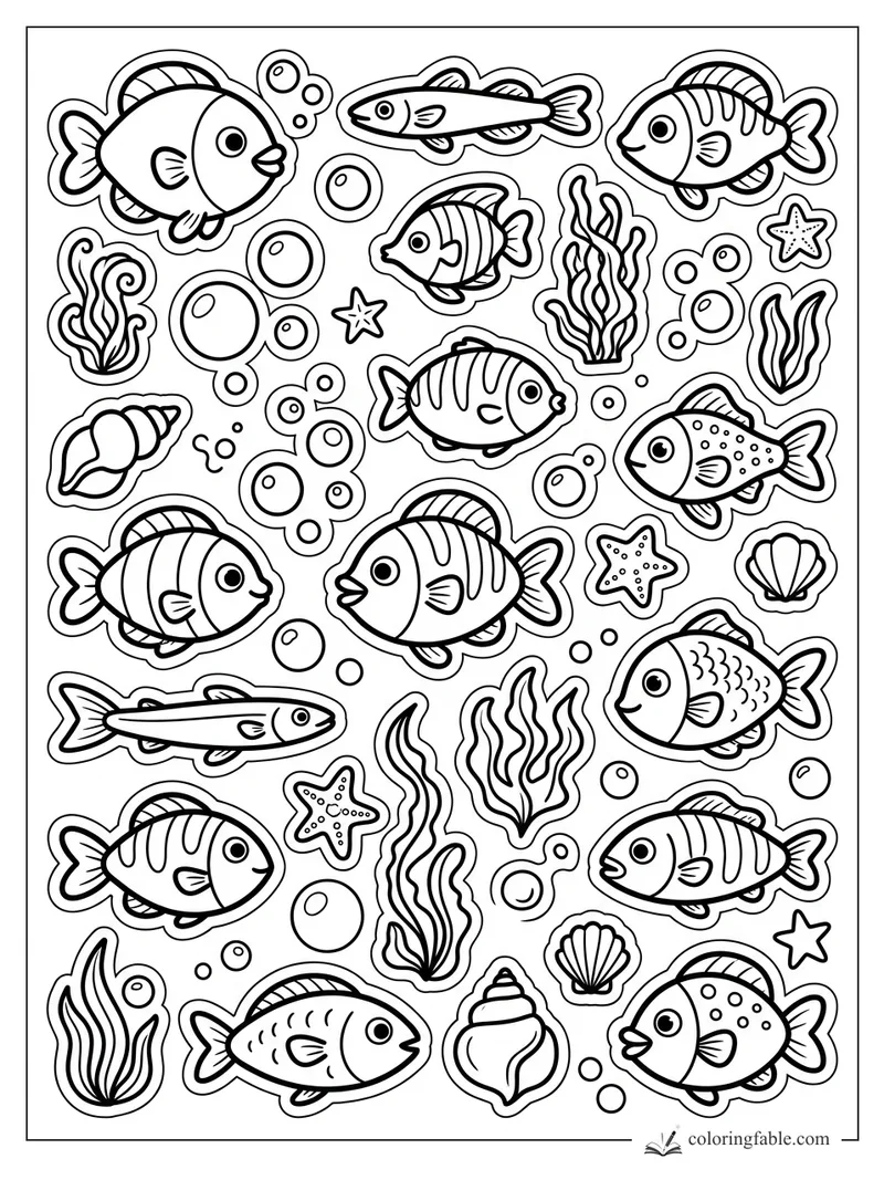 Easy fish sticker coloring page with striped fish, bubbles, seaweed, shells, and starfish.