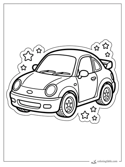 Sticker-style sport car with rounded headlights, rear spoiler, thick tires, and star bursts.