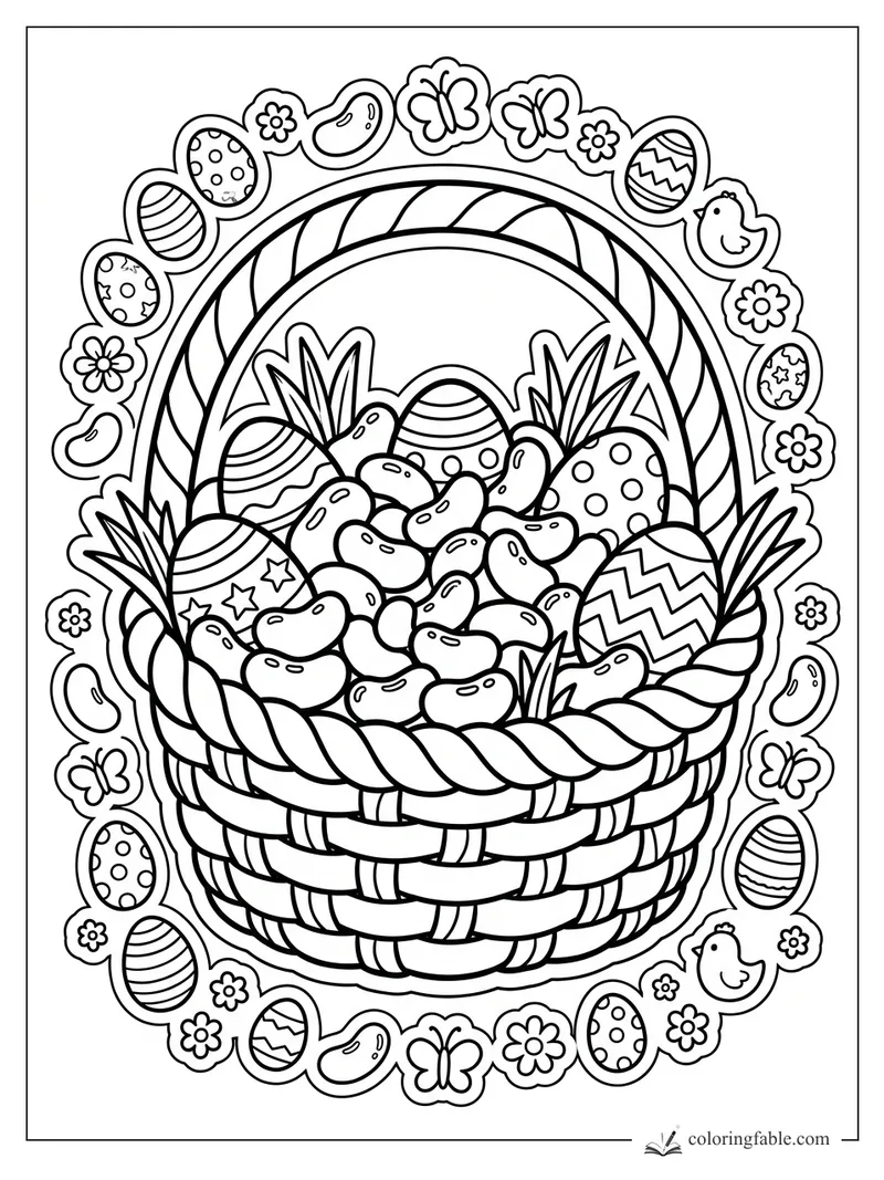 Easter basket filled with jelly beans, decorated eggs, flowers, butterflies, and chick stickers