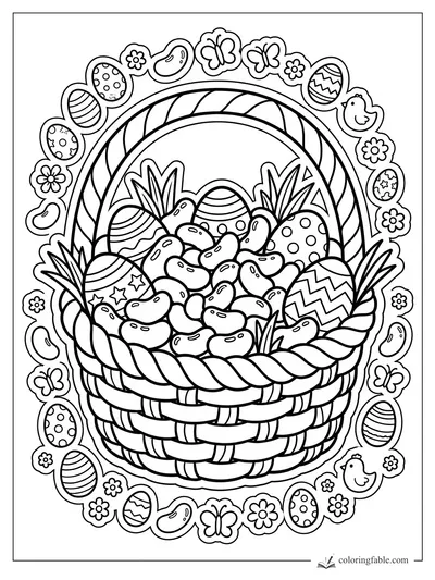 Easter basket filled with jelly beans, decorated eggs, flowers, butterflies, and chick stickers