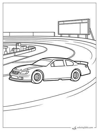 Stock car rounding a banked racetrack curve with pit wall and billboard