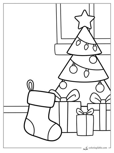 Cartoon stocking leaning by a decorated Christmas tree, wrapped presents, ornaments, star, and window.