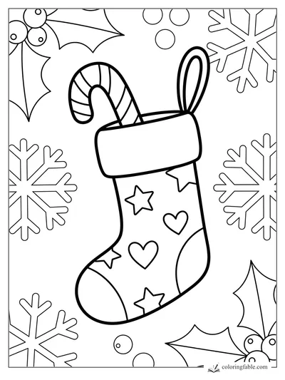 Adorno de calcetín para colorear con bastón de caramelo, corazones, estrellas, bayas de acebo y copos grandes.