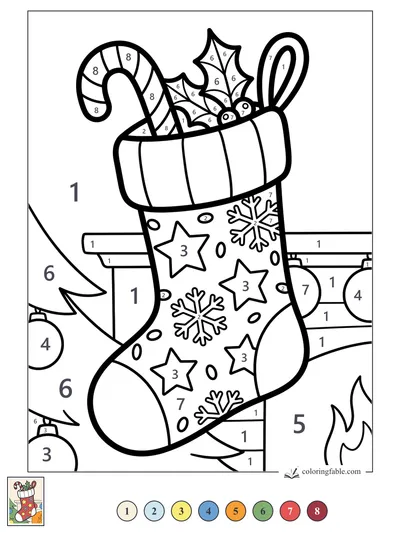 Stocking Stuffed With Candy Cane and Holly — color by number
