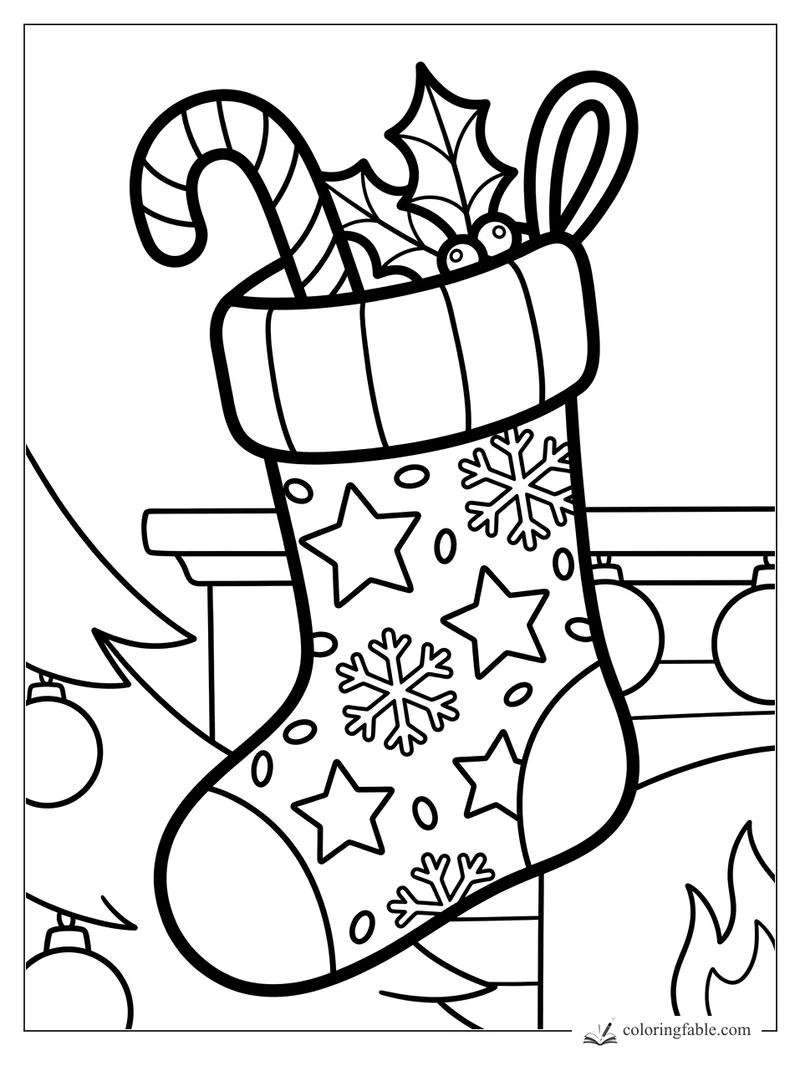 Easy Christmas stocking coloring page with candy cane, holly leaves, stars, snowflakes, and fireplace ornaments