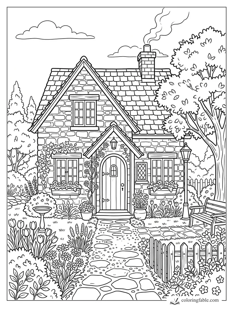 Stone cottage coloring page with arched door, flower boxes, garden path, trees, bench, and smoking chimney
