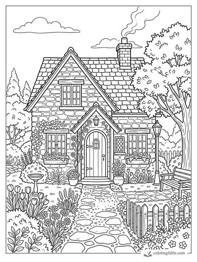 Stone cottage coloring page with arched door, flower boxes, garden path, trees, bench, and smoking chimney