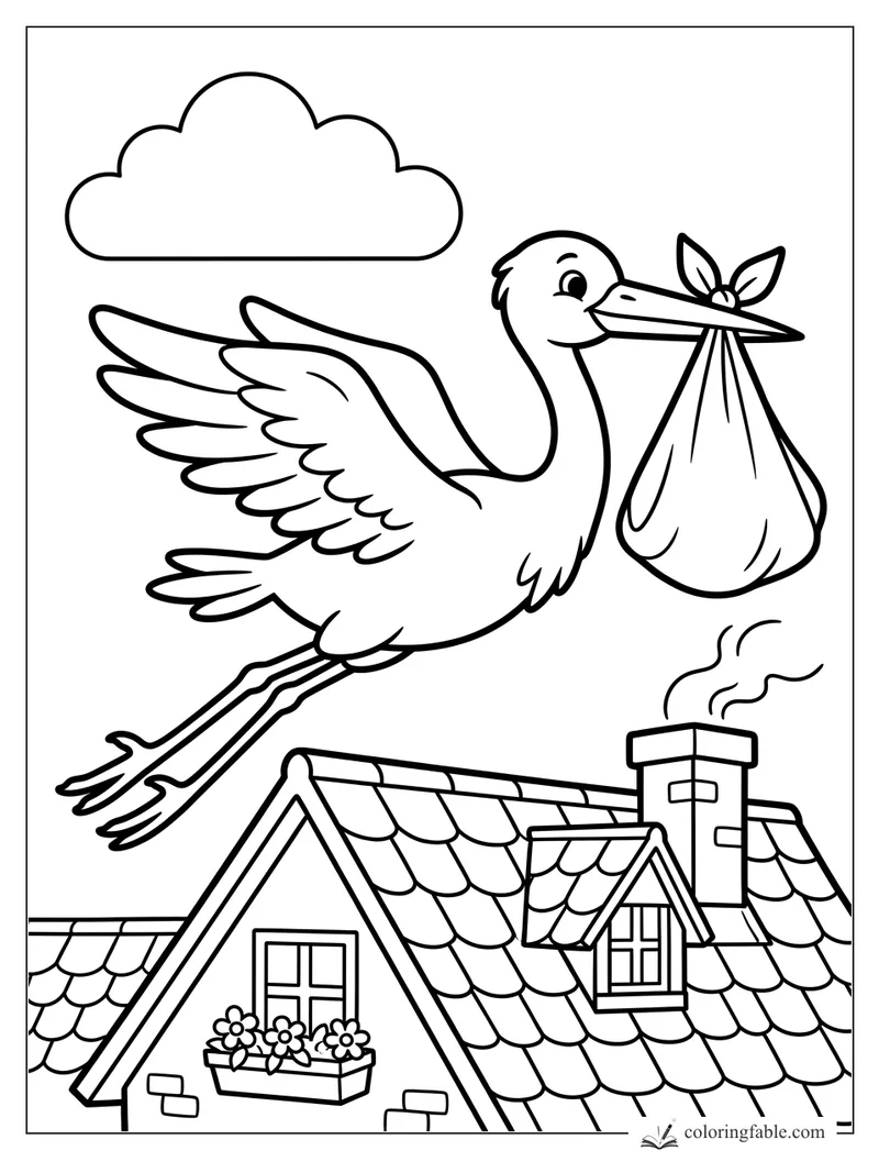 Stork flying above tiled rooftops with a tied bundle in its beak and a cloud overhead