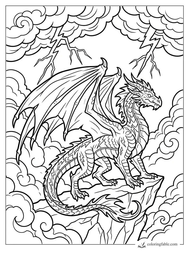 Detailed dragon perched on a floating rock among storm clouds and lightning bolts