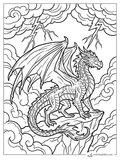 Detailed dragon perched on a floating rock among storm clouds and lightning bolts