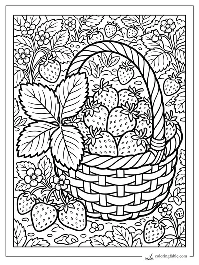 Coloring page of a woven basket filled with strawberries among leaves, blossoms, and berry plants.
