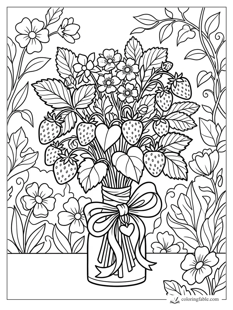 Aesthetic strawberry bouquet in a jar with bow, heart charm, leaves, vines, and garden flowers.