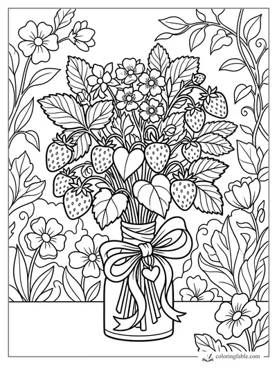 Aesthetic strawberry bouquet in a jar with bow, heart charm, leaves, vines, and garden flowers.