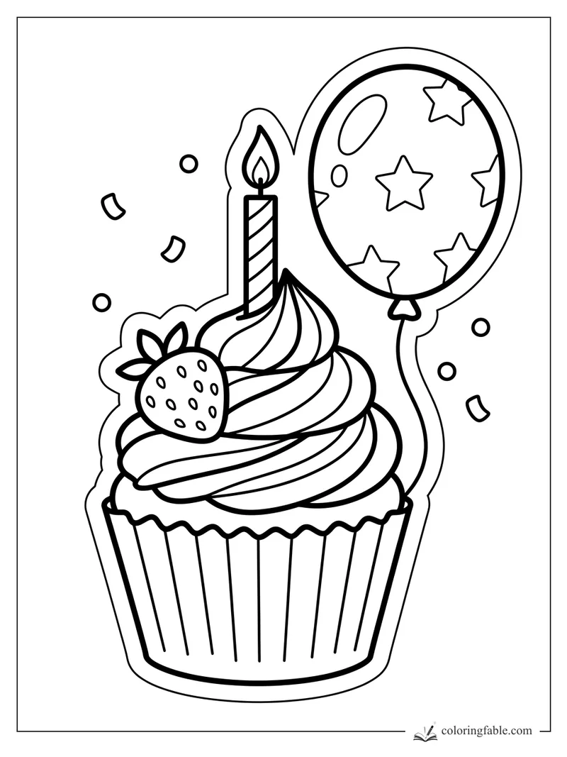 Sticker-style strawberry cupcake with swirled frosting, striped candle, star balloon, and confetti