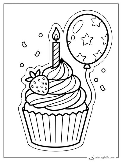 Sticker-style strawberry cupcake with swirled frosting, striped candle, star balloon, and confetti