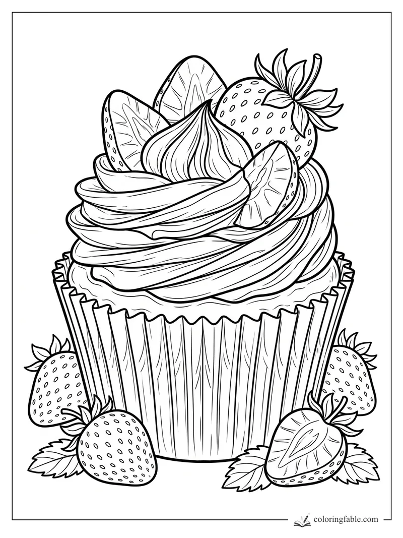 Realistic strawberry cupcake coloring page with swirled frosting, fruit slices, and a pleated wrapper.