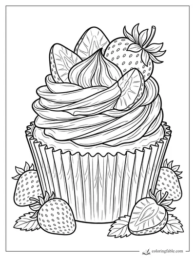 Realistic strawberry cupcake coloring page with swirled frosting, fruit slices, and a pleated wrapper.