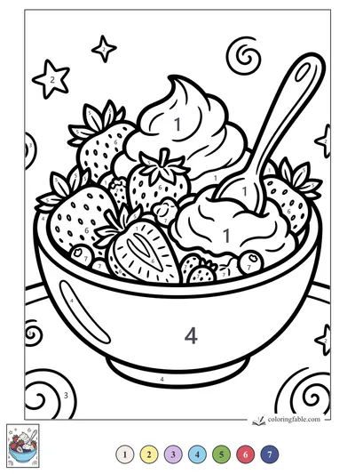Strawberry Dessert Bowl with Whipped Cream and Spoon — color by number