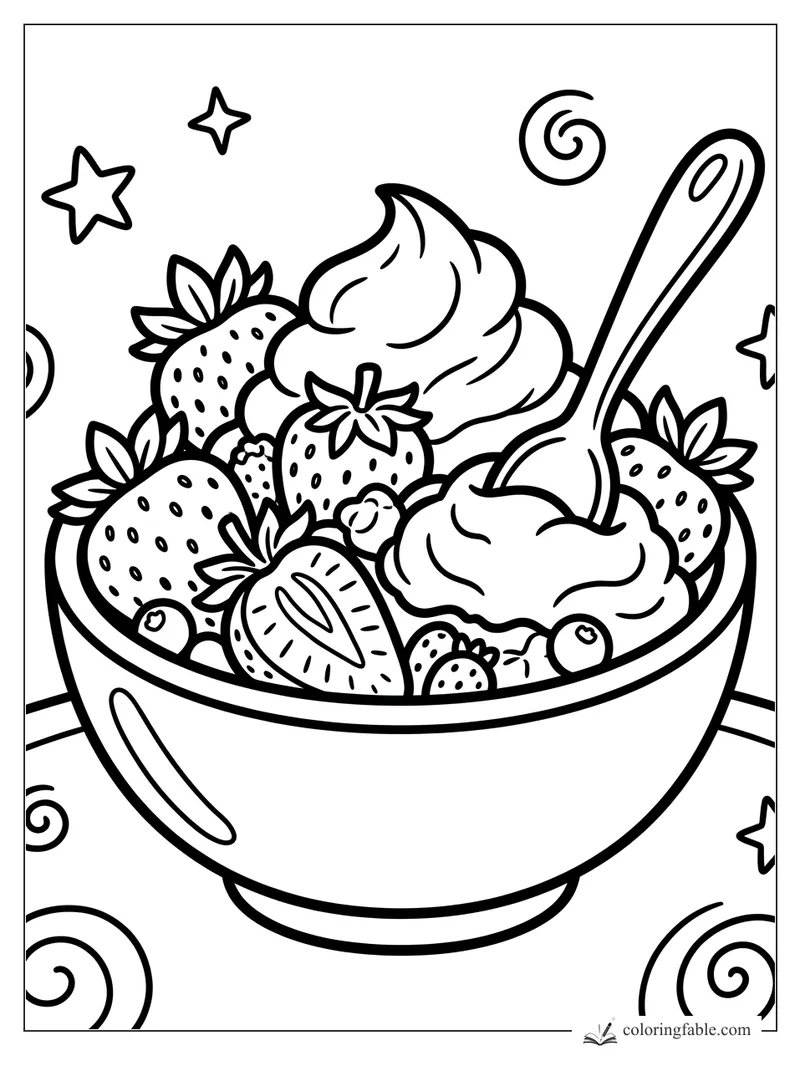 Cartoon strawberry dessert bowl with whipped cream, a spoon, stars, and swirl decorations