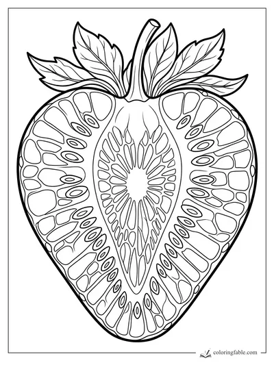 Realistic cut strawberry coloring page with leafy top, stem, seed rings, and detailed inner fruit pattern.
