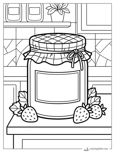 Strawberry jam jar with gingham lid, bow, berries, leaves, shelf jars, plant, and tiled kitchen wall