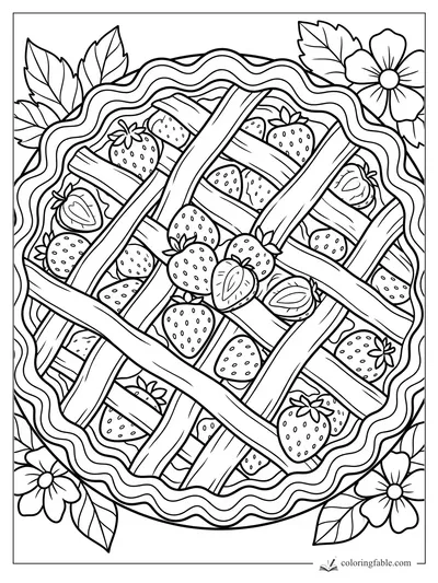 Cartoon strawberry pie with woven lattice crust, scalloped rim, berries, leaves, and flowers.