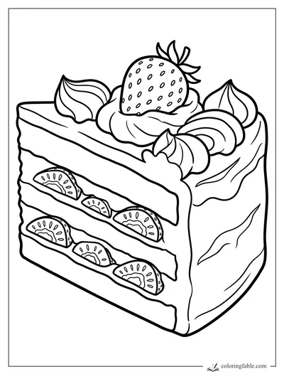 Strawberry layer cake slice with whipped cream, sliced berries inside, and a whole strawberry on top